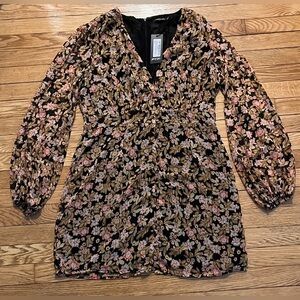 NWT Nasty Gal Floral V-Neck Midi Dress Size 12 Shimmer Long Sleeve